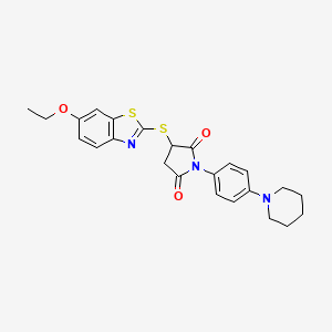 molecular formula C24H25N3O3S2 B2611518 3-[(6-Ethoxy-1,3-benzothiazol-2-yl)sulfanyl]-1-[4-(piperidin-1-yl)phenyl]pyrrolidine-2,5-dione CAS No. 305373-01-7