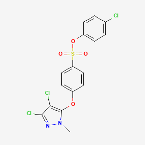 molecular formula C16H11Cl3N2O4S B2611539 4-chlorophenyl 4-[(3,4-dichloro-1-methyl-1H-pyrazol-5-yl)oxy]benzenesulfonate CAS No. 303996-51-2