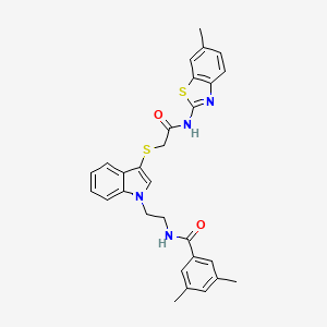 molecular formula C29H28N4O2S2 B2611594 3,5-dimethyl-N-(2-(3-((2-((6-methylbenzo[d]thiazol-2-yl)amino)-2-oxoethyl)thio)-1H-indol-1-yl)ethyl)benzamide CAS No. 862826-00-4