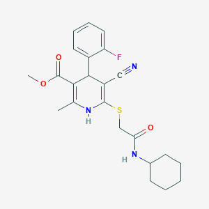 molecular formula C23H26FN3O3S B2611600 Methyl 5-cyano-6-{[(cyclohexylcarbamoyl)methyl]sulfanyl}-4-(2-fluorophenyl)-2-methyl-1,4-dihydropyridine-3-carboxylate CAS No. 442557-56-4