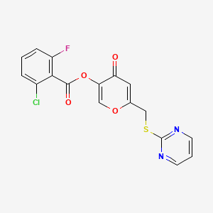 molecular formula C17H10ClFN2O4S B2611679 [4-Oxo-6-(pyrimidin-2-ylsulfanylmethyl)pyran-3-yl] 2-chloro-6-fluorobenzoate CAS No. 877636-25-4