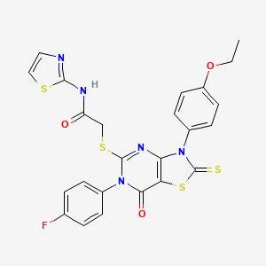 molecular formula C24H18FN5O3S4 B2611715 2-((3-(4-ethoxyphenyl)-6-(4-fluorophenyl)-7-oxo-2-thioxo-2,3,6,7-tetrahydrothiazolo[4,5-d]pyrimidin-5-yl)thio)-N-(thiazol-2-yl)acetamide CAS No. 422299-89-6