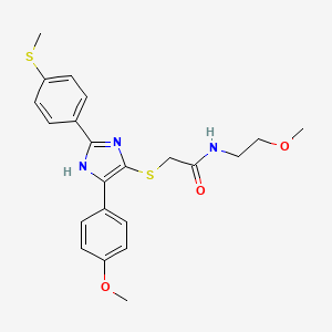 molecular formula C22H25N3O3S2 B2611788 N-(2-甲氧基乙基)-2-((5-(4-甲氧基苯基)-2-(4-(甲硫基)苯基)-1H-咪唑-4-基)硫代)乙酰胺 CAS No. 901240-61-7