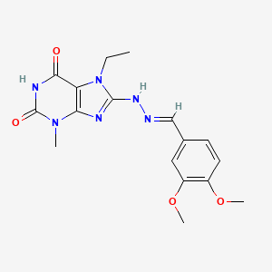 molecular formula C17H20N6O4 B2611799 (E)-8-(2-(3,4-dimethoxybenzylidene)hydrazinyl)-7-ethyl-3-methyl-1H-purine-2,6(3H,7H)-dione CAS No. 303970-77-6