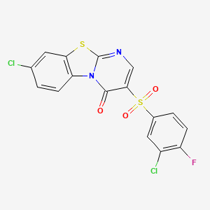 molecular formula C16H7Cl2FN2O3S2 B2611812 8-chloro-3-[(3-chloro-4-fluorophenyl)sulfonyl]-4H-pyrimido[2,1-b][1,3]benzothiazol-4-one CAS No. 1923126-79-7