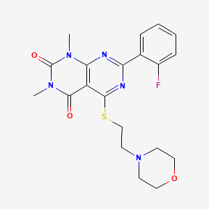 molecular formula C20H22FN5O3S B2612010 7-(2-fluorophenyl)-1,3-dimethyl-5-((2-morpholinoethyl)thio)pyrimido[4,5-d]pyrimidine-2,4(1H,3H)-dione CAS No. 872848-36-7