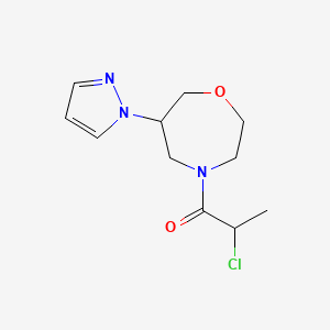 molecular formula C11H16ClN3O2 B2612053 2-Chloro-1-(6-pyrazol-1-yl-1,4-oxazepan-4-yl)propan-1-one CAS No. 2411235-05-5