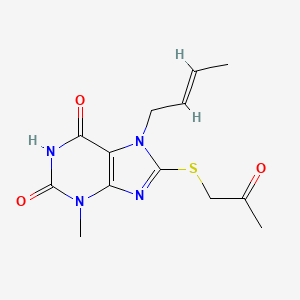 molecular formula C13H16N4O3S B2612080 7-[(E)-but-2-enyl]-3-methyl-8-(2-oxopropylsulfanyl)purine-2,6-dione CAS No. 304880-54-4