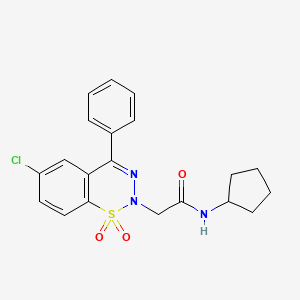 molecular formula C20H20ClN3O3S B2612101 2-(6-chloro-1,1-dioxido-4-phenyl-2H-benzo[e][1,2,3]thiadiazin-2-yl)-N-cyclopentylacetamide CAS No. 1031619-25-6