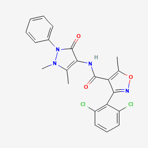 molecular formula C22H18Cl2N4O3 B2612126 3-(2,6-dichlorophenyl)-N-(1,5-dimethyl-3-oxo-2-phenyl-2,3-dihydro-1H-pyrazol-4-yl)-5-methyl-1,2-oxazole-4-carboxamide CAS No. 333768-54-0