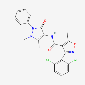 molecular formula C22H18Cl2N4O3 B2612126 3-(2,6-二氯苯基)-N-(1,5-二甲基-3-氧代-2-苯基-2,3-二氢-1H-吡唑-4-基)-5-甲基-1,2-恶唑-4-甲酰胺 