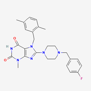 molecular formula C26H29FN6O2 B2612134 7-(2,5-dimethylbenzyl)-8-(4-(4-fluorobenzyl)piperazin-1-yl)-3-methyl-1H-purine-2,6(3H,7H)-dione CAS No. 898437-94-0