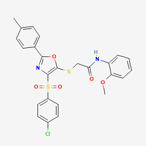 molecular formula C25H21ClN2O5S2 B2612135 2-((4-((4-chlorophenyl)sulfonyl)-2-(p-tolyl)oxazol-5-yl)thio)-N-(2-methoxyphenyl)acetamide CAS No. 850926-81-7