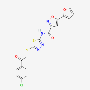 molecular formula C18H11ClN4O4S2 B2612146 N-(5-((2-(4-chlorophenyl)-2-oxoethyl)thio)-1,3,4-thiadiazol-2-yl)-5-(furan-2-yl)isoxazole-3-carboxamide CAS No. 1351589-58-6