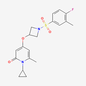 molecular formula C19H21FN2O4S B2612158 1-环丙基-4-((1-((4-氟-3-甲基苯基)磺酰基)氮杂环丁烷-3-基)氧基)-6-甲基吡啶-2(1H)-酮 CAS No. 2034388-49-1