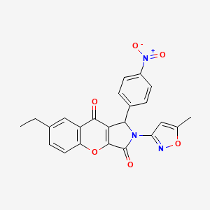molecular formula C23H17N3O6 B2612216 7-Ethyl-2-(5-methylisoxazol-3-yl)-1-(4-nitrophenyl)-1,2-dihydrochromeno[2,3-c]pyrrole-3,9-dione CAS No. 874397-21-4