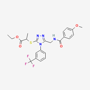 molecular formula C23H23F3N4O4S B2612225 2-((5-((4-甲氧基苯甲酰胺)甲基)-4-(3-(三氟甲基)苯基)-4H-1,2,4-三唑-3-基)硫代)丙酸乙酯 CAS No. 476451-45-3