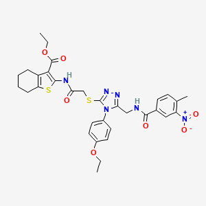 molecular formula C32H34N6O7S2 B2612275 Ethyl 2-[[2-[[4-(4-ethoxyphenyl)-5-[[(4-methyl-3-nitrobenzoyl)amino]methyl]-1,2,4-triazol-3-yl]sulfanyl]acetyl]amino]-4,5,6,7-tetrahydro-1-benzothiophene-3-carboxylate CAS No. 393849-79-1