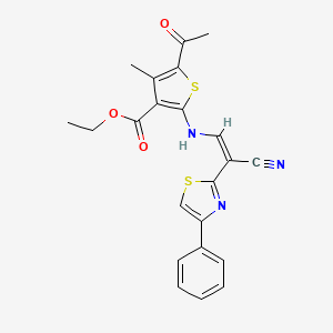molecular formula C22H19N3O3S2 B2612307 (Z)-ethyl 5-acetyl-2-((2-cyano-2-(4-phenylthiazol-2-yl)vinyl)amino)-4-methylthiophene-3-carboxylate CAS No. 843621-96-5