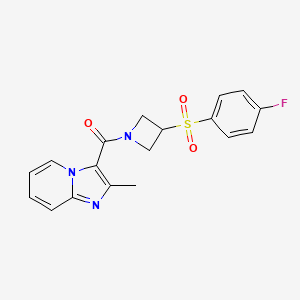 molecular formula C18H16FN3O3S B2612311 (3-((4-氟苯基)磺酰基)氮杂环丁烷-1-基)(2-甲基咪唑并[1,2-a]吡啶-3-基)甲苯酮 CAS No. 1797630-55-7