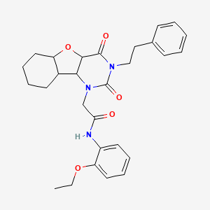 molecular formula C28H25N3O5 B2612340 2-[4,6-dioxo-5-(2-phenylethyl)-8-oxa-3,5-diazatricyclo[7.4.0.0^{2,7}]trideca-1(9),2(7),10,12-tetraen-3-yl]-N-(2-ethoxyphenyl)acetamide CAS No. 1351840-80-6