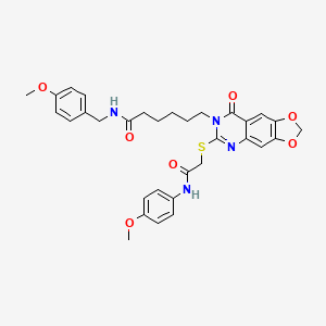 molecular formula C32H34N4O7S B2612376 N-(4-methoxybenzyl)-6-(6-((2-((4-methoxyphenyl)amino)-2-oxoethyl)thio)-8-oxo-[1,3]dioxolo[4,5-g]quinazolin-7(8H)-yl)hexanamide CAS No. 688061-13-4
