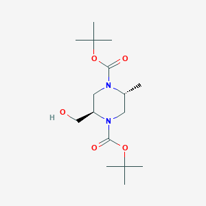 molecular formula C16H30N2O5 B2612386 二叔丁基(2r,5r)-2-(羟甲基)-5-甲基哌嗪-1,4-二羧酸酯 CAS No. 1427561-80-5