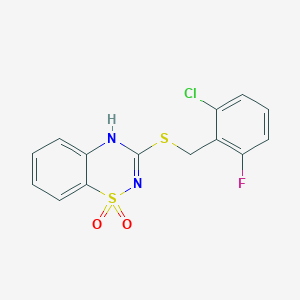 molecular formula C14H10ClFN2O2S2 B2612401 3-((2-chloro-6-fluorobenzyl)thio)-4H-benzo[e][1,2,4]thiadiazine 1,1-dioxide CAS No. 896686-52-5