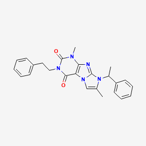 molecular formula C25H25N5O2 B2612408 1,7-dimethyl-3-phenethyl-8-(1-phenylethyl)-1H-imidazo[2,1-f]purine-2,4(3H,8H)-dione CAS No. 919009-23-7