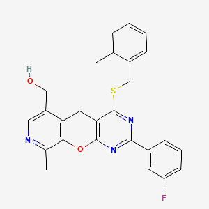 molecular formula C26H22FN3O2S B2612562 (2-(3-fluorophenyl)-9-methyl-4-((2-methylbenzyl)thio)-5H-pyrido[4',3':5,6]pyrano[2,3-d]pyrimidin-6-yl)methanol CAS No. 892415-81-5
