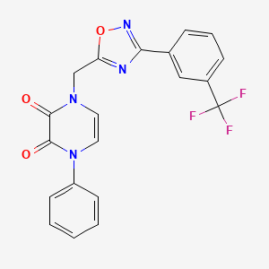 molecular formula C20H13F3N4O3 B2612690 1-Phenyl-4-((3-(3-(trifluoromethyl)phenyl)-1,2,4-oxadiazol-5-yl)methyl)-1,4-dihydropyrazine-2,3-dione CAS No. 1251558-77-6