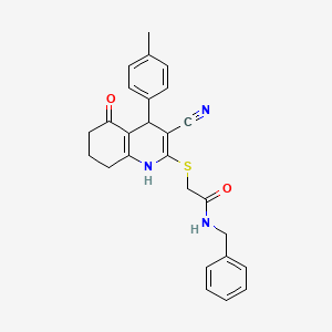 molecular formula C26H25N3O2S B2612703 N-苄基-2-((3-氰基-5-氧代-4-(对甲苯基)-1,4,5,6,7,8-六氢喹啉-2-基)硫代)乙酰胺 CAS No. 897833-50-0