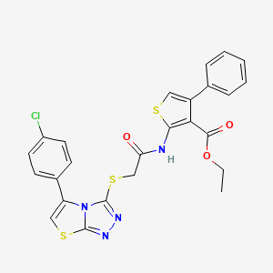 molecular formula C25H19ClN4O3S3 B2612735 Ethyl 2-(2-((5-(4-chlorophenyl)thiazolo[2,3-c][1,2,4]triazol-3-yl)thio)acetamido)-4-phenylthiophene-3-carboxylate CAS No. 671200-01-4