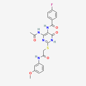 molecular formula C22H20FN5O5S B2612736 N-(4-acetamido-2-((2-((3-methoxyphenyl)amino)-2-oxoethyl)thio)-6-oxo-1,6-dihydropyrimidin-5-yl)-4-fluorobenzamide CAS No. 872608-79-2
