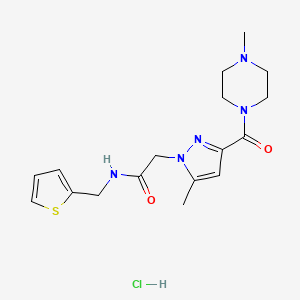 molecular formula C17H24ClN5O2S B2612754 2-(5-methyl-3-(4-methylpiperazine-1-carbonyl)-1H-pyrazol-1-yl)-N-(thiophen-2-ylmethyl)acetamide hydrochloride CAS No. 1323538-11-9
