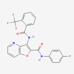 molecular formula C22H13F4N3O3 B2612769 N-(4-氟苯基)-3-(2-(三氟甲基)苯甲酰胺)呋喃[3,2-b]吡啶-2-甲酰胺 CAS No. 946224-41-5