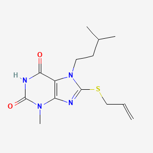 molecular formula C14H20N4O2S B2612781 3-Methyl-7-(3-methylbutyl)-8-prop-2-enylsulfanylpurine-2,6-dione CAS No. 313665-36-0