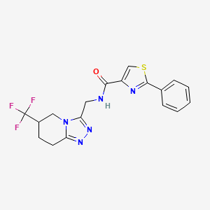 molecular formula C18H16F3N5OS B2612782 2-苯基-N-((6-(三氟甲基)-5,6,7,8-四氢-[1,2,4]三唑并[4,3-a]吡啶-3-基)甲基)噻唑-4-甲酰胺 CAS No. 2034556-17-5