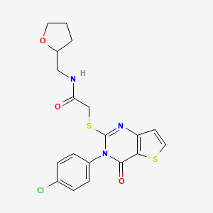molecular formula C19H18ClN3O3S2 B2612794 2-[3-(4-氯苯基)-4-氧代噻吩[3,2-d]嘧啶-2-基]硫代基-N-(氧杂环-2-基甲基)乙酰胺 CAS No. 440325-28-0
