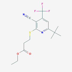 molecular formula C16H19F3N2O2S B2612849 Ethyl 3-{[6-(tert-butyl)-3-cyano-4-(trifluoromethyl)-2-pyridinyl]sulfanyl}propanoate CAS No. 625377-18-6