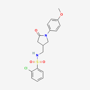 molecular formula C18H19ClN2O4S B2612852 2-chloro-N-((1-(4-methoxyphenyl)-5-oxopyrrolidin-3-yl)methyl)benzenesulfonamide CAS No. 955254-65-6