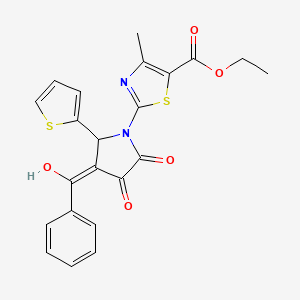 molecular formula C22H18N2O5S2 B2612854 ethyl 2-[(4E)-4-[hydroxy(phenyl)methylidene]-2,3-dioxo-5-thiophen-2-ylpyrrolidin-1-yl]-4-methyl-1,3-thiazole-5-carboxylate CAS No. 381206-17-3