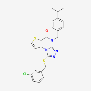 molecular formula C24H21ClN4OS2 B2613011 1-((3-chlorobenzyl)thio)-4-(4-isopropylbenzyl)thieno[2,3-e][1,2,4]triazolo[4,3-a]pyrimidin-5(4H)-one CAS No. 1223958-17-5