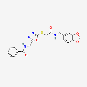 molecular formula C20H18N4O5S B2613015 N-((5-((2-((benzo[d][1,3]dioxol-5-ylmethyl)amino)-2-oxoethyl)thio)-1,3,4-oxadiazol-2-yl)methyl)benzamide CAS No. 872613-53-1