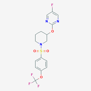 molecular formula C16H15F4N3O4S B2613038 5-Fluoro-2-((1-((4-(trifluoromethoxy)phenyl)sulfonyl)piperidin-3-yl)oxy)pyrimidine CAS No. 2034326-67-3