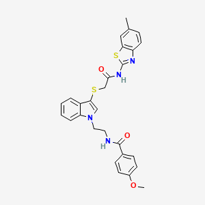 molecular formula C28H26N4O3S2 B2613045 4-methoxy-N-(2-(3-((2-((6-methylbenzo[d]thiazol-2-yl)amino)-2-oxoethyl)thio)-1H-indol-1-yl)ethyl)benzamide CAS No. 851412-83-4