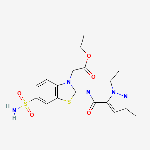 molecular formula C18H21N5O5S2 B2613135 (E)-乙基2-(2-((1-乙基-3-甲基-1H-吡唑-5-羰基)亚氨基)-6-磺酰基苯并[d]噻唑-3(2H)-基)乙酸酯 CAS No. 1203437-81-3