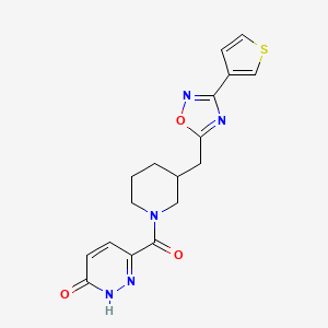 molecular formula C17H17N5O3S B2613184 6-(3-((3-(thiophen-3-yl)-1,2,4-oxadiazol-5-yl)methyl)piperidine-1-carbonyl)pyridazin-3(2H)-one CAS No. 1705209-88-6