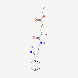 molecular formula C15H17N3O3S2 B2613186 Ethyl 2-((1-oxo-1-((5-phenyl-1,3,4-thiadiazol-2-yl)amino)propan-2-yl)thio)acetate CAS No. 394234-01-6