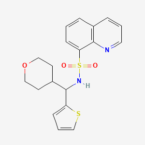molecular formula C19H20N2O3S2 B2613188 N-((tetrahydro-2H-pyran-4-yl)(thiophen-2-yl)methyl)quinoline-8-sulfonamide CAS No. 2319722-11-5